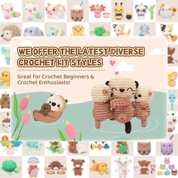 Mewaii Crochet Kit for Beginners, 3 Pack Sea Otter Craft Set | 40% Extra Yarn, Video Tutorial, Pre-Started Piece, Beginner Friendly, Family Craft Gift for Adults & Kids