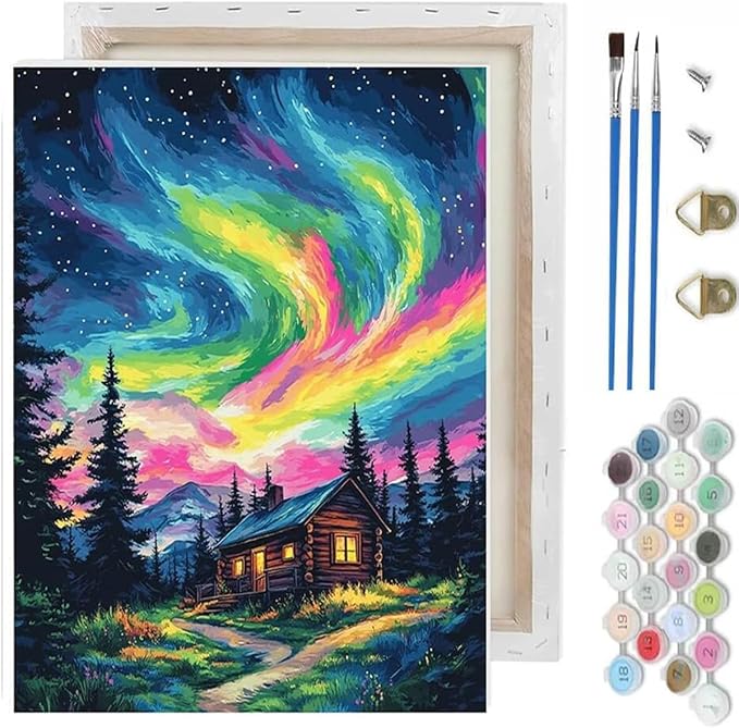 Aurora Paint by Numbers Kit for Adults Beginner,Wooden House Adult Paint by Number Kits on Canvas with Frame,Night Sky DIY Acrylic Oil Painting by Numbers Kits for Home Wall Decor 9.5x11.8 inch