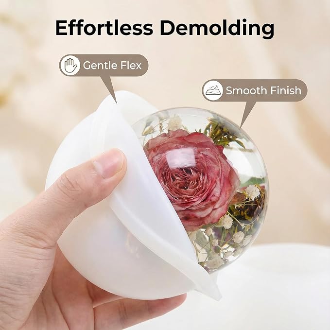 Silicone Resin Sphere Mold Set, White, 4.7" and 3.9" Large Round Ball Molds for Flower Preservation, Epoxy Resin Casting, Candles, Soap Making, DIY Crafts, 2 Pack