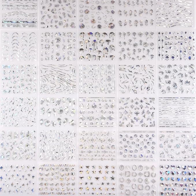 30 Sheets Silver Nail Art Stickers 3D Self-Adhesive Line Nail Decals for Acrylic Nails Lace Leaf Flower Nail Supplies for Nail Art Glitter DIY Design Nail Stickers for Women