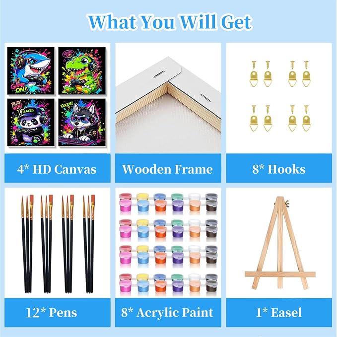 Arttoplus 4 Pack Paint by Numbers Kit for Kids with Frame Animals, 8x8in | Cute Animals Playing Video Games Kids Paint by Numbers Ages 4-8-12 with Wooden Easel, Painting by number for Gift Home Decor