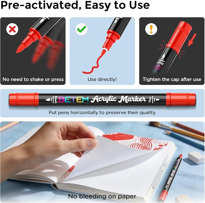 Betem 2 Red Paint Markers for Glass, Dual Tip Acrylic Paint Pens | Window, Fabric, Wood, Rock, Canvas, Acrylic Markers with Fine & Brush Tip, Art & Craft Supplies, Wine Glass Markers