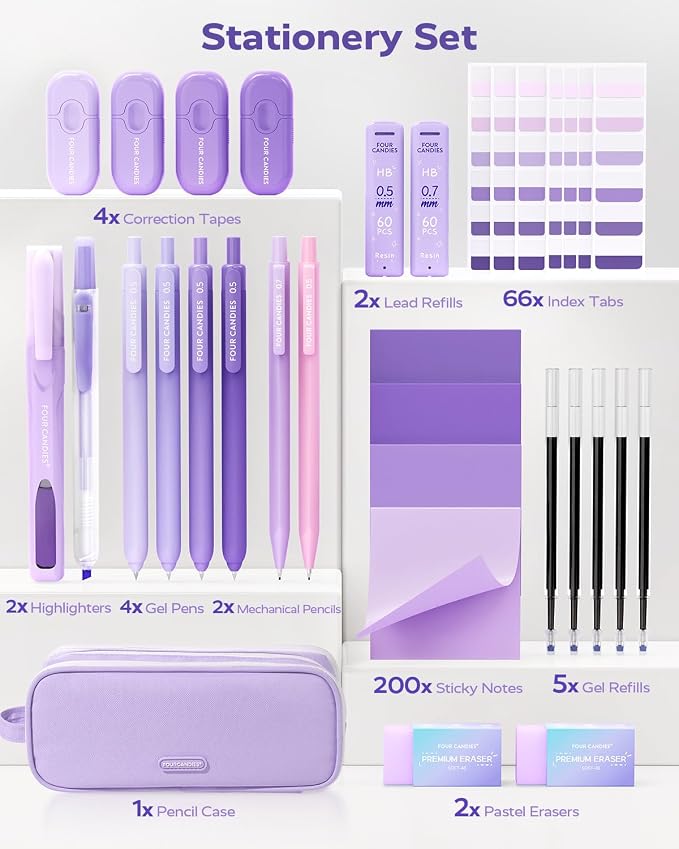 Four Candies Aesthetic Purple School Supplies Kit with Case for Girls