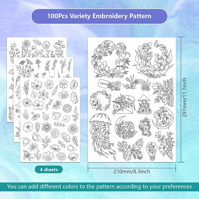 ORIGACH 4 Sheets 105 Pcs Water Soluble Embroidery Patterns Stabilizers - Pre-Printed Floral, Flowering Shrubs & Leaves Designs - Stick & Stitch Embroidery Paper for Hand Sewing Lovers