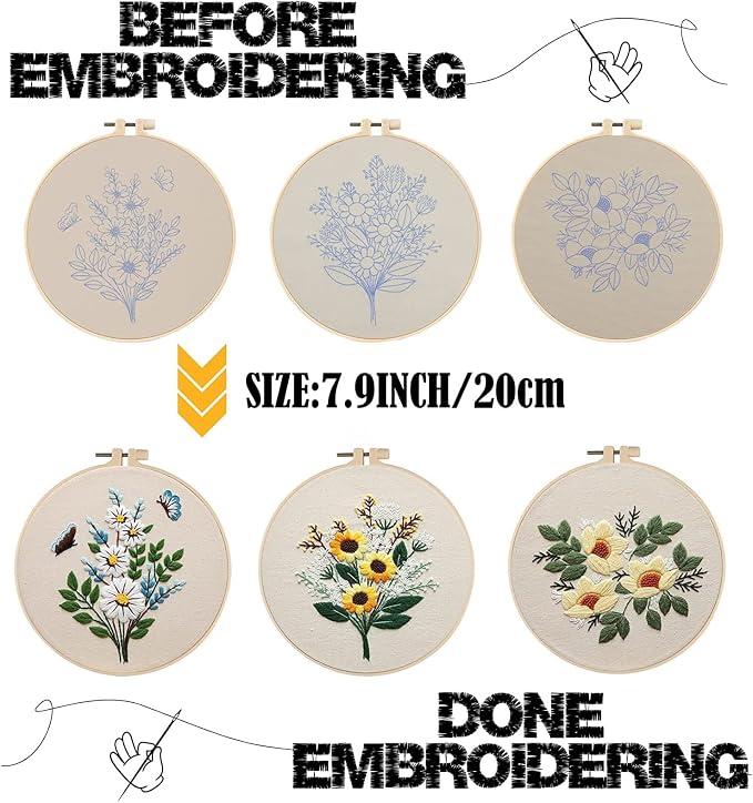 Embroidery Kit for Beginners,Cross Stitch Kits for Adults DIY Craft 3pcs Embroidery Pattern Needlework Fabric Embroidery Thread and Needles 1pcs Embroidery Hoop Adult Stitch Stuff Sewing Kit Gift