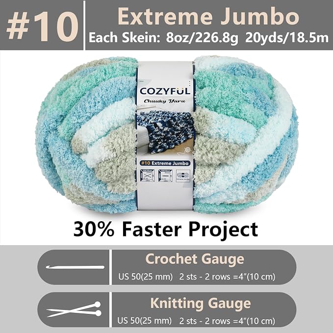 Cozyful Chunky Yarn for Hand Knitting - #10 Chunky Chenille Blanket Yarn, Jumbo Big Thick Chunky Yarns for Crocheting, Tie Dye Bulky Knit Yarns, 8 Skein (20 yds 8 oz Each Skein), Khaki & Teal & Blue