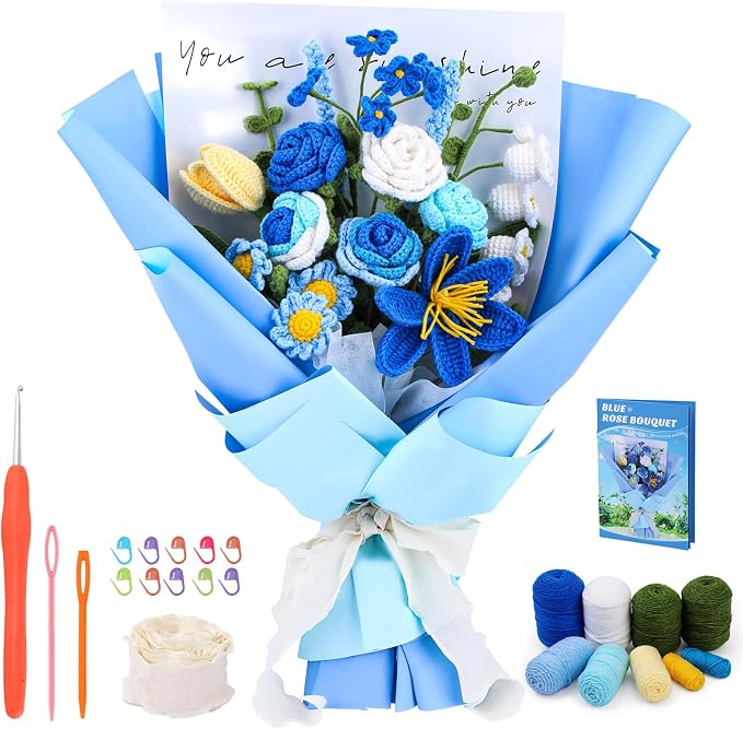 Iuuidu Crochet Kit, Flower Bouquet Crochet Kit for Beginners Blue