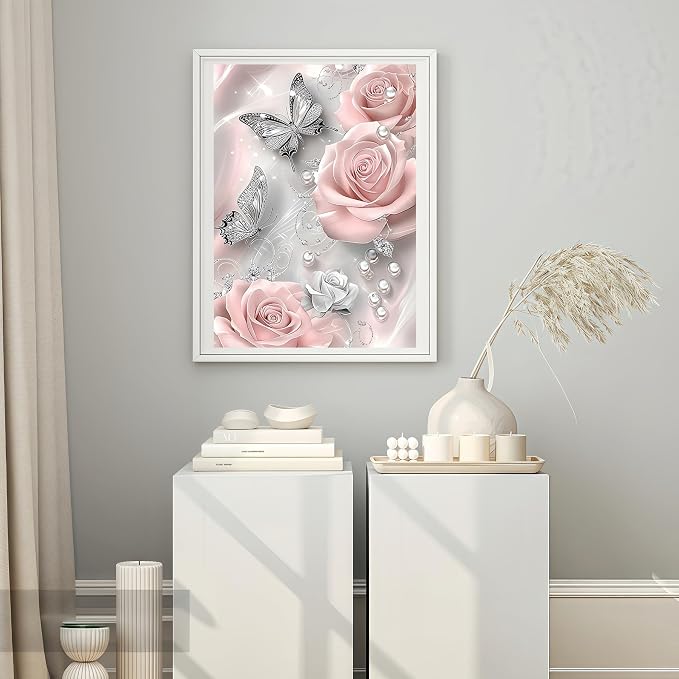 5D Diamond Painting Kits for Adults, Butterfly Rose Flower Diamond Art Kits | DIY Full Drill Diamond Dot Gem Painting for Home Wall Decor 12x16inch