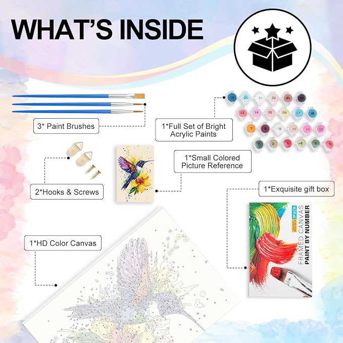Framed Paint by Numbers Kit for Adults Beginner & Kids Ages 8-12, Hummingbird Paint by Numbers With Frame, DIY Watercolor Number Painting for Adults Hummingbird for Home Wall Decor Gift 8x 12 inch | For Adults Beginner & Kids Ages 8-12, With Frame Canv...
