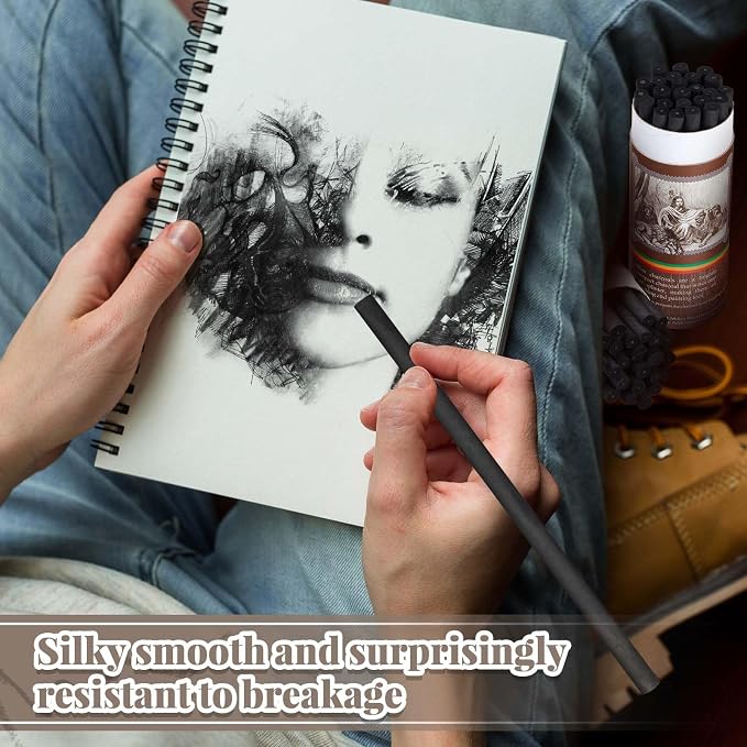 Gueevin 50 Pcs Soft Willow Charcoal Sticks Drawing,7-9mm | For Artists Beginners Students, Vine Charcoal Bulk for Sketching Shading Fine Art, Assorted Sizes, Back to School Gifts