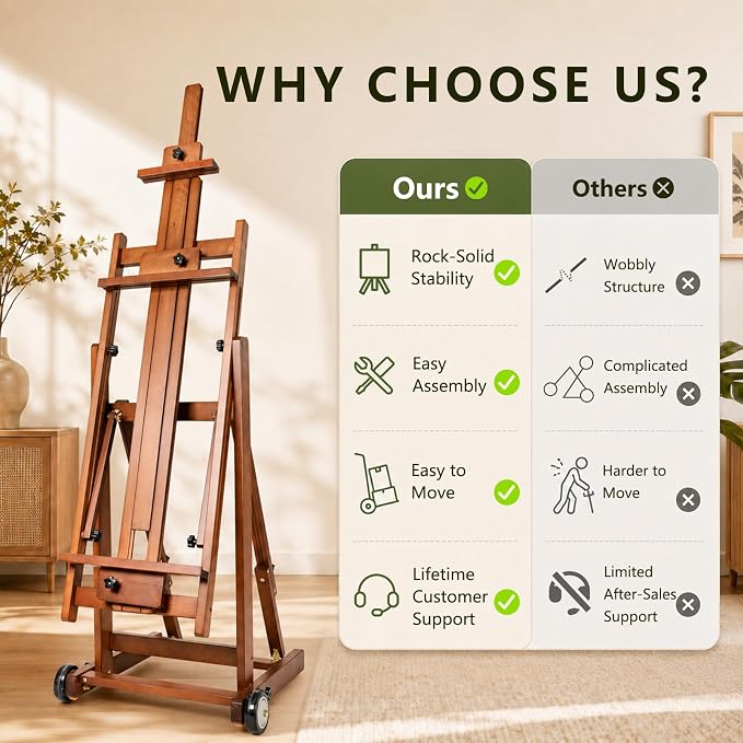 DJAR Large H-Frame Painting Easel for Adults, Solid Beech Wood, Walnut | Movable & Tilting Flat Floor Stand, Holds Canvases up to 78", Adjustable Heavy Duty Studio Art Easel for Artists