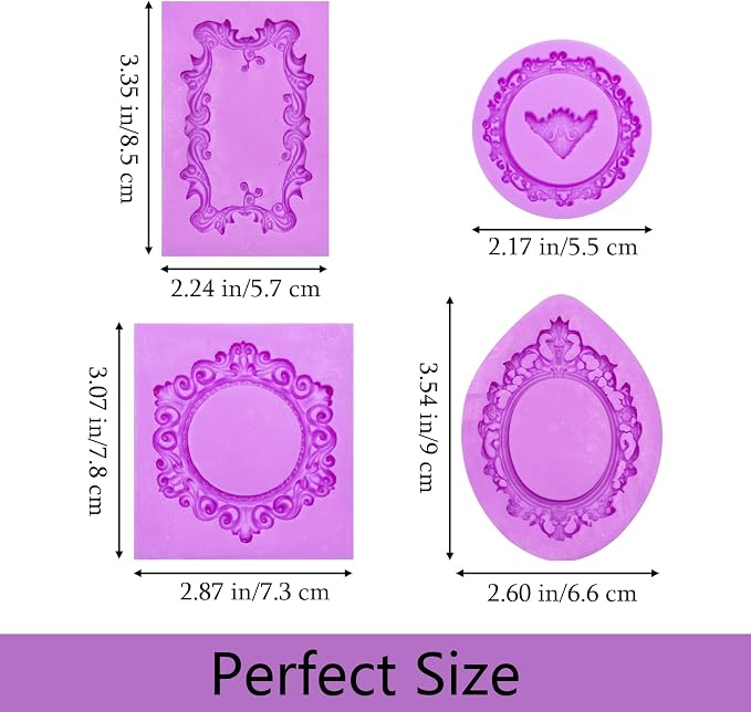 Vintage Baroque Frame Silicone Molds, 4-Piece Photo Frame Fondant Mold for Cupcake Topper Chocolate Candy Polymer Clay Gum Paste Resin Crafts, DIY Jewelry Making