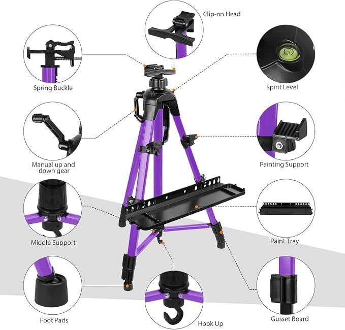 Easel for Painting, Portable & Foldable Easels Stand, Height-Adjustable 22'' to 62'', Equipped with Tray, Water Bucket Hook, Spirit Level, Compass & Carrying Bag for Art Display,Travel - Purple