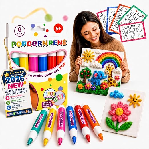 Popcorn Pens, 12PCS 3D Bubble Drawing Pen for DIY Artwork | Heat Activated Puff Paint, Raised Texture Craft Tool for Creative Painting, Coloring, Scrapbooking and Handmade Projects，6 Color