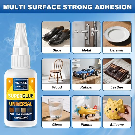 Meuvcol Super Glue All Purpose 100g - Instant & Waterproof Superglue for Plastic, Ceramic, Wood, Shoe, Glass, Leather, Rubber, Shoe Ca Glue - Strong & Clear Liquid Cyanoacrylate Adhesive, 6 Nozzles