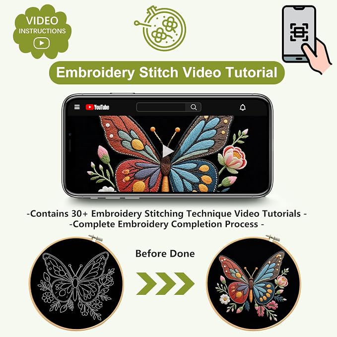 Santune Embroidery Kit Needlepoint Cross Stitch Kits for Beginners Adult Needle Point Sets with Butterfly Embroidery Patterns, Includes Step-By-Step Instructions and Accessories