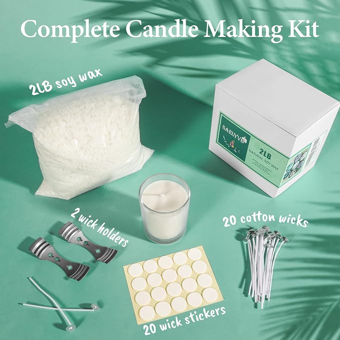 SAEUYVB 2 lbs Soy Candle Wax for Candle Making,Natural Soy Wax Flakes | Soy Wax for Candle Making with 20 Candle Wicks,20 Wick Stickers and 2 Centering Devices,DIY Candle Making Supplies