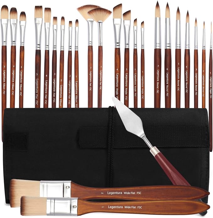 25 PCS Paint Brush Set for Acrylic, Oil & Watercolor, Artist Brush Kit with Flat, Filbert, Fan, Round, Liner, Dagger & Angle Brushes, Synthetic Bristles, Roll-Up Case