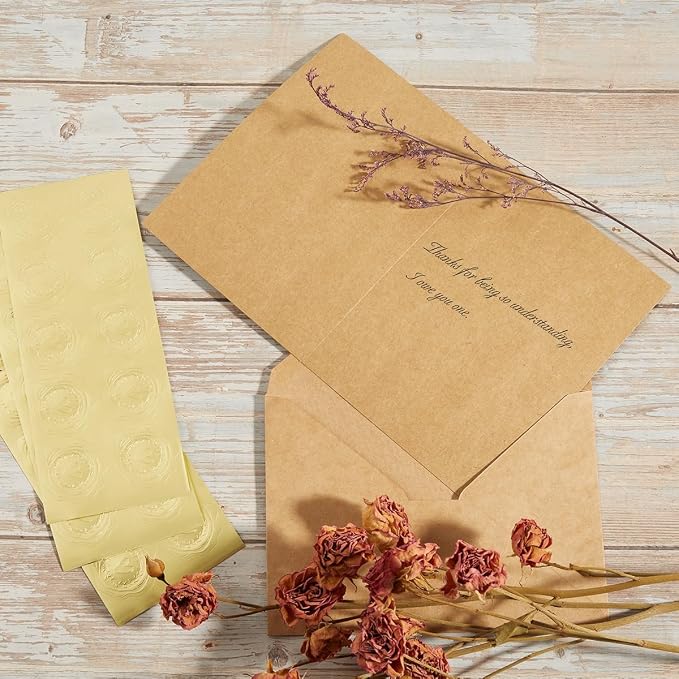 50 Pack Kraft Paper A7 Envelopes with Cards and Gold Stickers, 5x7