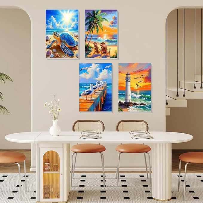4 Pack Beach Paint by Numbers for Adults with Framed Canvas 8x12 inch | Beach Adult Paint by Number Kits on Canvas with Wooden Easel, DIY Acrylic Oil Painting by Numbers for Gift Home Decor