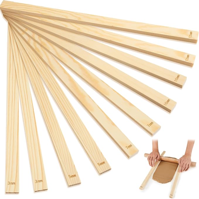 Sasylvia 10 Pcs Clay Pottery Rolling Pin Guides,5 Size Lengthen,Wood Color | Wooden, Teaching Rolling Mud Stick Guide, Polymer Clay Depth Thickness Guide, Pottery Mudboard Tool