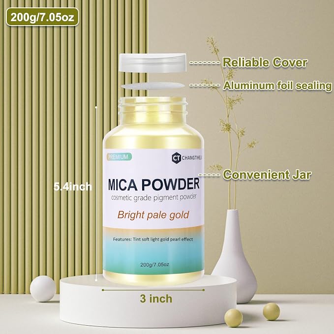 Mica Powder,7.05OZ（200g）,Bright Pale Gold Mica Powder Pigment for Epoxy Resin，Lip Gloss，Car Paint，Dye，Soap Making，Nail Polish,Epoxy Resin,Candle Making,Bath Bombs