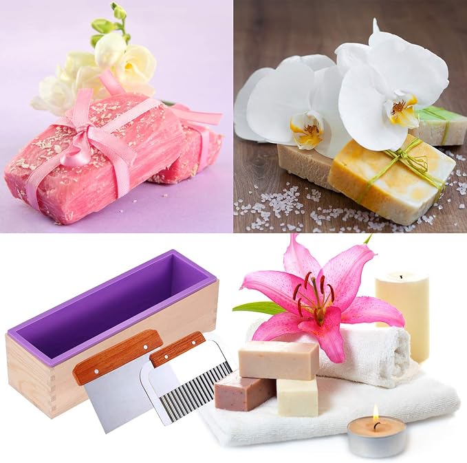 Ogrmar Silicone Soap Molds Kit 42 oz Wooden Silicone Rectangular Mold | Soap Molds For Soap Making Kit with Stainless Steel Wavy & Straight Scraper for Soap Cake Making (Purple)