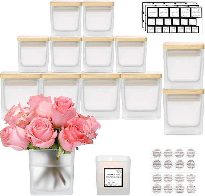 CONNOO 12 Pack 9oz & 3oz Frosted Glass Square Candle Jars with Bamboo Lids