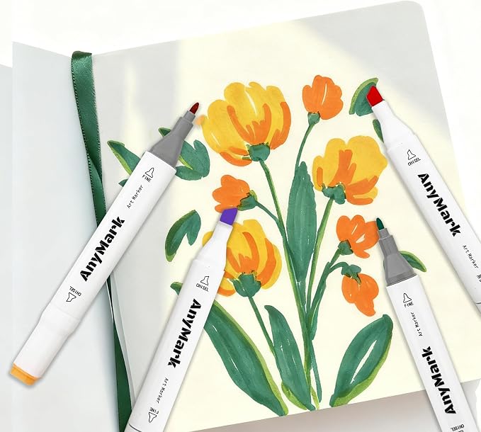 AnyMark 60 Colors Alcohol Markers Chisel & Fine Dual Tip | Coloring Markers Set for Adult Book Drawing Sketching Painting, Illustration, White Penholder