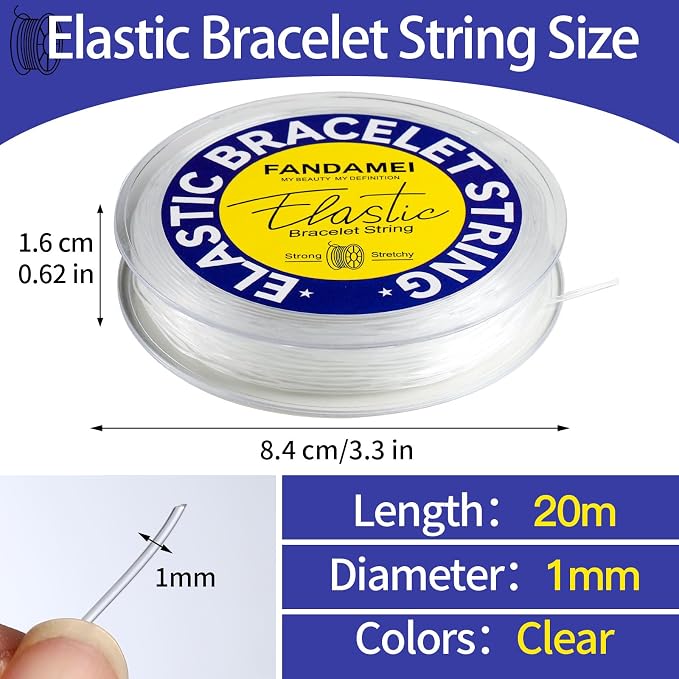 FANDAMEI 1mm Elastic Bracelet String Cord, Crystal Stretch Bead Cord for Bracelets Jewelry Making, Clear Stretchy Elastic String for Beading, Transparent Thread for Bracelet Necklace Making