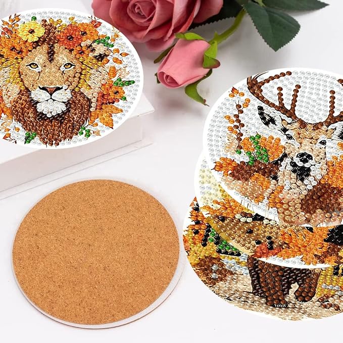 Diamond Art Coasters Kits, 8 Pcs Fall Animals Diamond Painting Coasters Kit