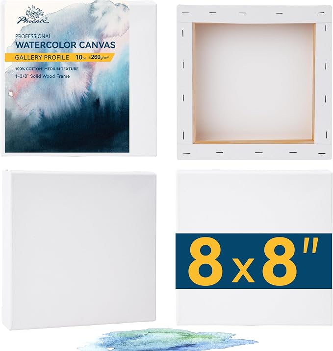 PHOENIX 8x8 Inch Gallery Depth Watercolor Canvas 4 Pack | 1.5 In Deep 100% Cotton Water Color Square Canvases for Painting, 260g Medium Texture Canvas for Water Based Paints