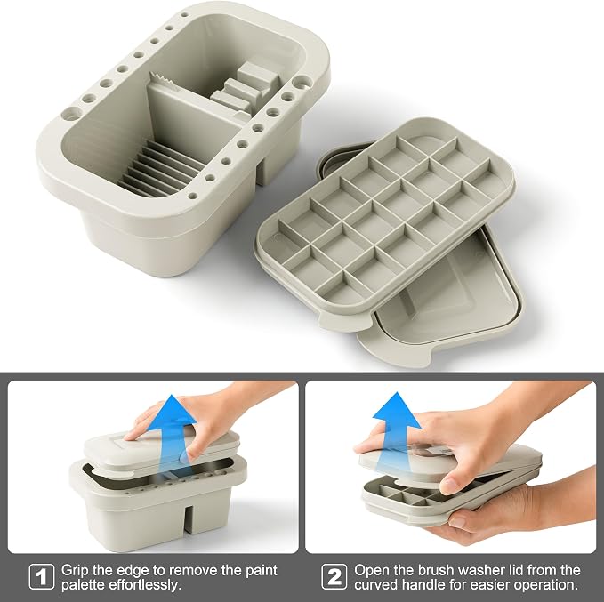 MyLifeUNIT Paint Brush Cleaner, Paint Brush Holder with Palette, Grey | 18 mixing wells, 16 slots fitting 0.24-0.63 in diameters, 3 washing compartments, removable tray lid