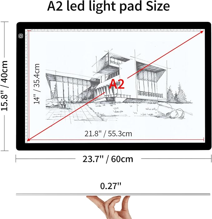 Zocelight A2 Light pad,7mm Ultra-Thin led Light Box,3 Levels Dimming/Stepless Dimming Light Table with 2 Clips and 12V 2A Adapter,Large Light Board for Diamond Painting,Drawing,Sketching,Tattoo