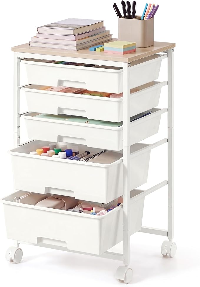 VASAGLE Rolling Cart with Drawers,5 Drawers Storage Cart, White