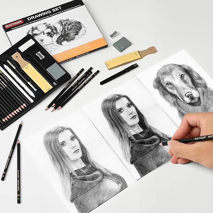 Drawing Sketching Pencil Set, 22 Pcs, Graphite Pencils (10B-6H) | Art Pencil Kit with Black and White Charcoal Pencils, Charcoal Sticks, Stumps, Eraser, Sharpeners, Sketch Set for Artists