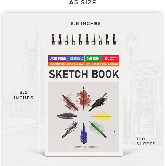 BEECHMORE BOOKS 5.6"x8.5" Spiral Sketchbook – 140 GSM Acid-Free Paper, 100 Perforated Pages, A5 Art Sketch Pad for Drawing & Sketching, Artists, Adults (Pack of 2)