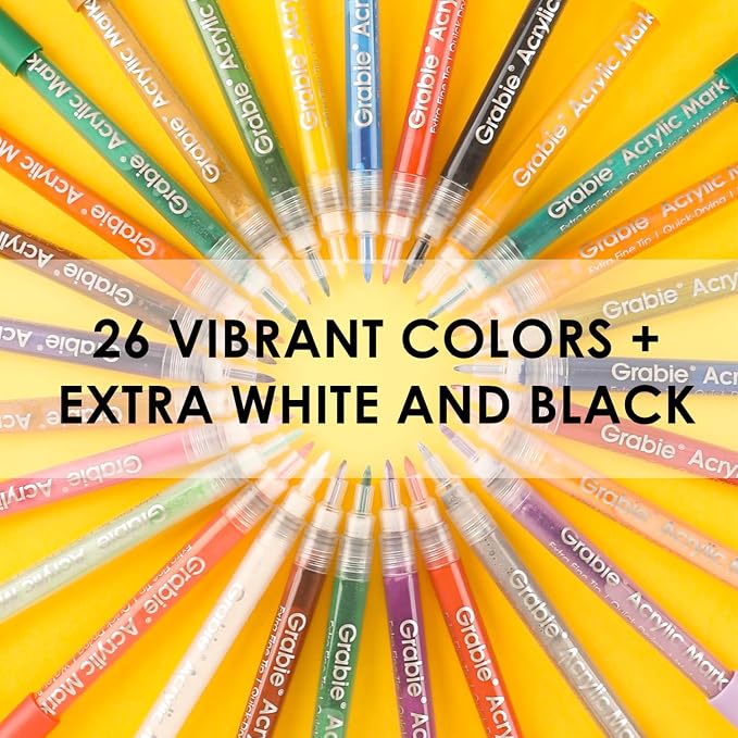 Grabie Pack of 28 Color Acrylic Paint Markers, 0.7mm Extra Fine Tip Pens