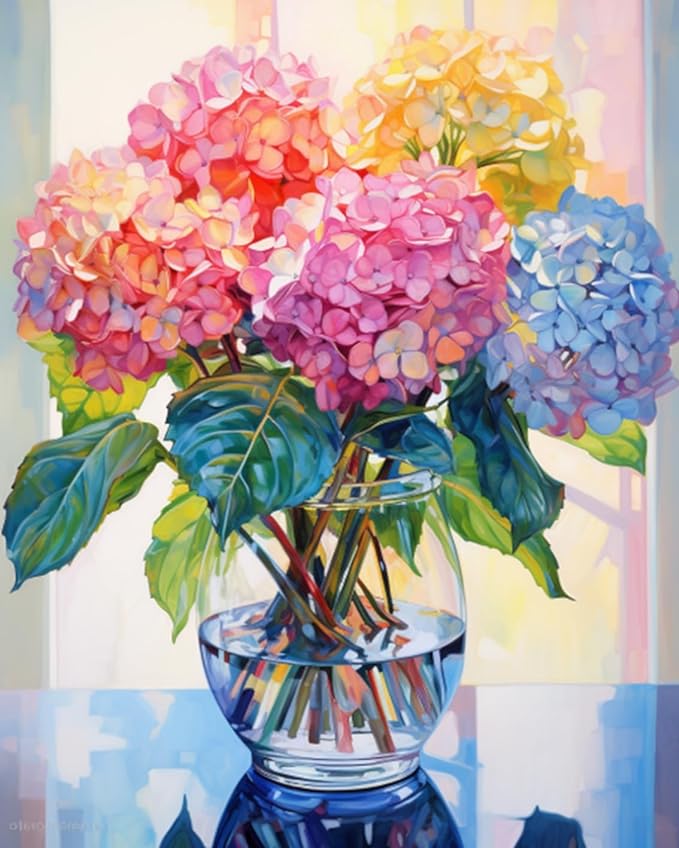 Tucocoo Hydrangea in Glass Vase Window Landscape Paint by Numbers for Adults Beautiful Flower DIY Paint by Numbers Acrylic Paint Canvas Colorful Flowers Painting Kits Art 16x20 Inch（Without Frame）