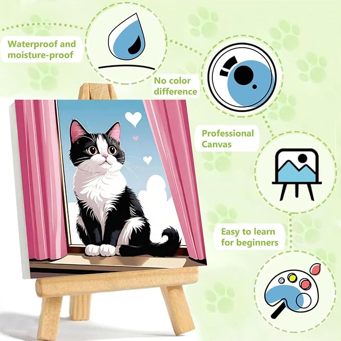 Cat Paint by Numbers Kit for Kids with Frame - Cute Cat Paint by Number for Kids, Cats Kid Painting by Number Kits Age 6-8 for Home Wall Decor 8X8inch (with Wooden Easel)