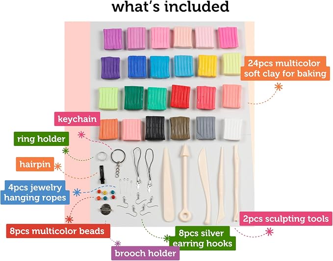 Incraftables Polymer Clay Kit – 24-Color Non-Toxic Oven-Bake Clay Set with Tools, Cutters, Molds, Jump Rings & Keychain Rings for Jewelry, Miniatures & Sculpting