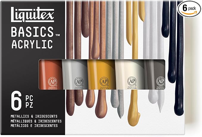 Liquitex BASICS Acrylic Paint Set, 6x118ml (4-oz), Metallic | Medium Viscosity, Satin Finish, Lightfast, Fine Art Pigments, Range of Opacities, Easy Blending