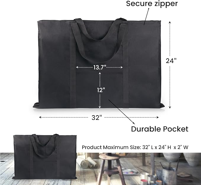 JJRING Dacron Art Portfolio Tote Bag 24'' x 32'' For 23'' x 31'' Black