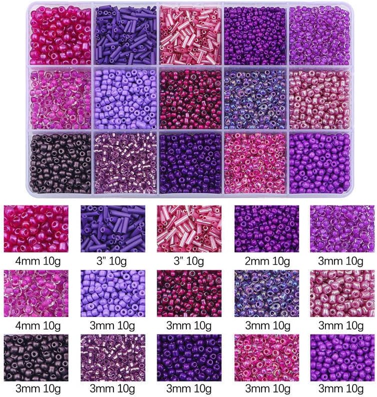 15 Grid Purple Glass Seed Bugle Tube Beads Kit for Jewelry Making DIY Craft