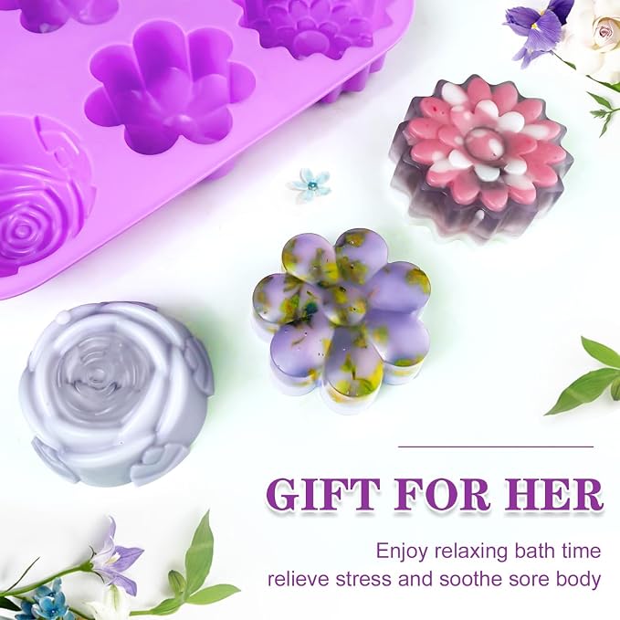 Walfos Silicone Flower Soap Mold,6 Cavities Different Flower Shapes Soap Mold BPA Free.Perfect for Homemade Craft Soap,Ice,Mousse,Cake,Jelly,Chocolate.(2pcs Purple)