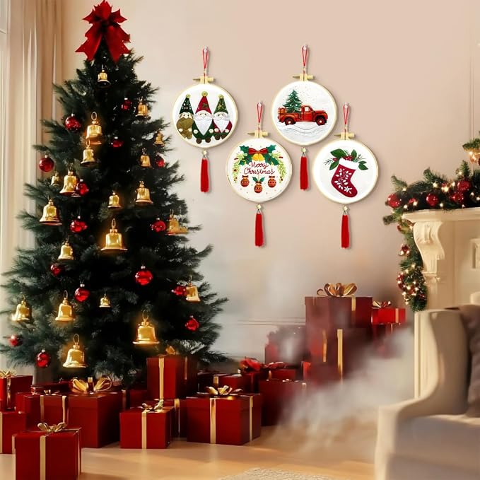 Zhenqing Christmas Embroidery Kit for Beginners - 4 Piece 29x29cm Round Hoop Art with Pre-Printed Cotton Fabric, Embroidery Hoop, Threads & Tools (Merry Christmas, Stocking, Truck, Gnomes)