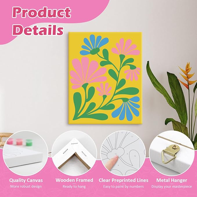 goldentime Easy Paint by Numbers Kit for Kids & Adults Beginner | Easy DIY Flowers Acrylic Oil Painting on Canvas with Frame | 4 Pack 8x10 Inch Framed Paint by Number Canvas Kits for Home Wall Décor