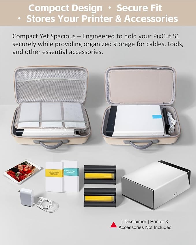 Hard Carrying Case for Liene PixCut S1 Color Photo Sticker Printer & Cutting Machine All-in-One Sticker Maker for DIY Crafts, PixCut S1 Storage Bag with Adjustable Divider (PixCut S1-Khaki)