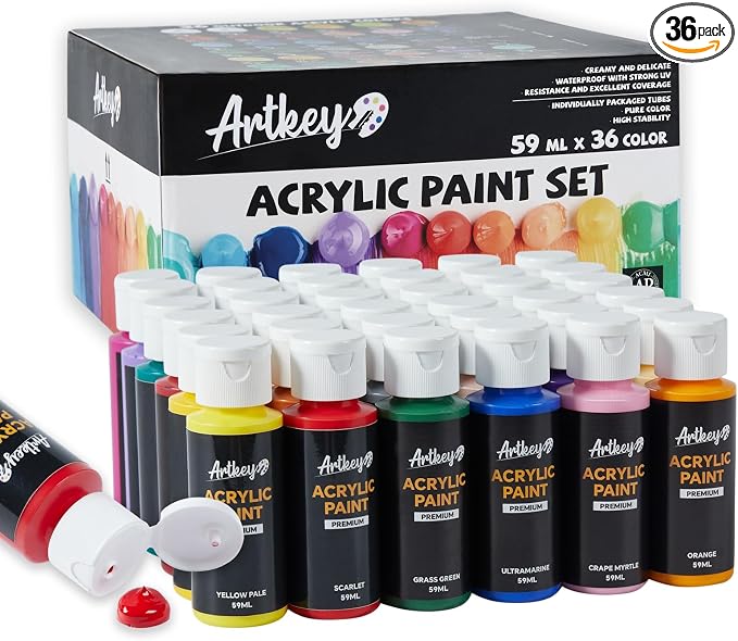 Artkey Acrylic Paint Set - 36 Colors 2 oz/59 ml Acrylic Paints Professional Artists Painting Kit for Canvases Fabric Rock Leather Easter Egg Wood Ceramic Glass Art Craft Painting