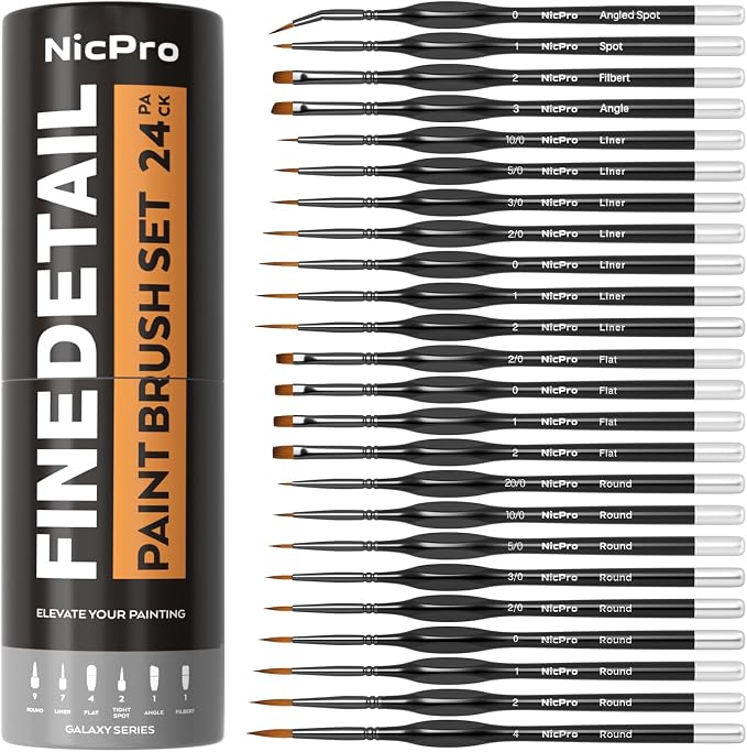 Nicpro 24 PCS Miniature Paint Brushes,Fine Tip Micro Detail Paint Brush Set | for Acrylic Watercolor Oil Gouache, Paint by Numbers, Model, Miniatures, Craft, Rock Painting - with Container